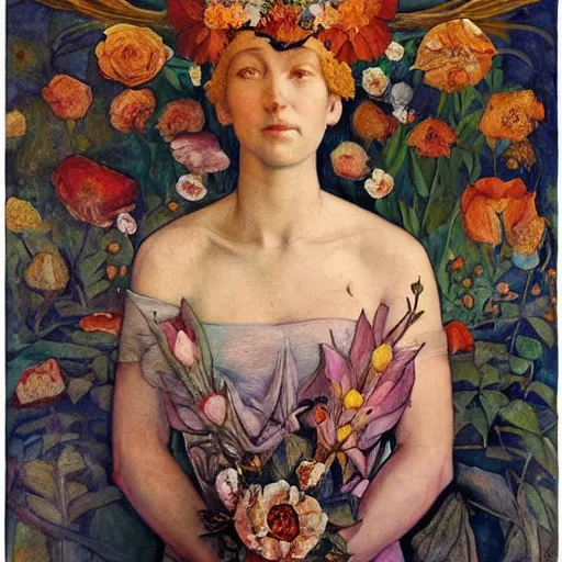 Prompt: flower queen, by annie swynnerton and tino rodriguez and nicholas roerich and lucien freud, dramatic lighting, floral tattoos, rich colors, smooth sharp focus, extremely detailed, adolf wolfli