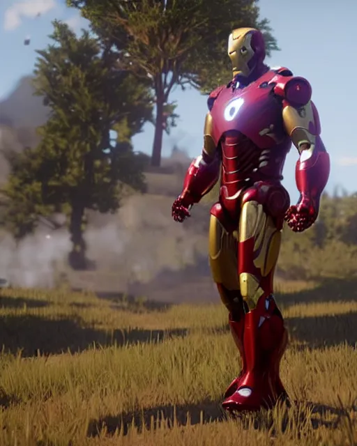 Image similar to robust and bulky iron man suit in red dead redemption 2, cinematic, photorealistic