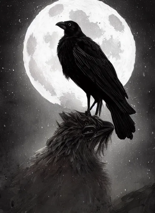 Image similar to portrait, A crow in front of the full big moon, book cover, red white and black colors, establishing shot, extremly high detail, foto realistic, cinematic lighting, pen and ink, intricate line drawings, by Yoshitaka Amano, Ruan Jia, Kentaro Miura, Artgerm, post processed, concept art, artstation, matte painting, style by eddie mendoza, raphael lacoste, alex ross