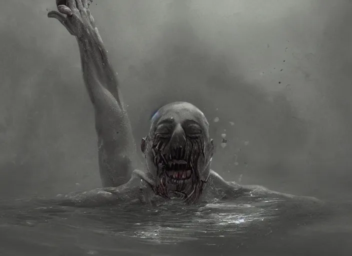 Image similar to a creepy drowned man crawling out of the water, white eyes, slimy, veiny skin, muscles, standing in shallow water, drowned, unsettling, creepy, artstation, cgsociety, illustration