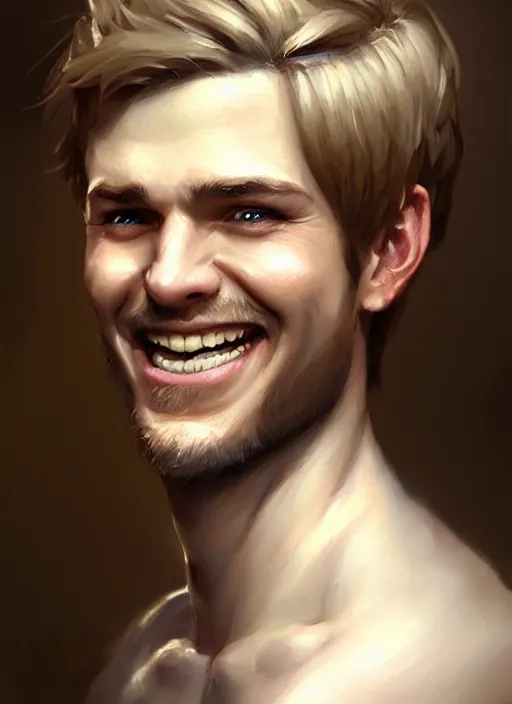 Image similar to a _ fantasy _ style _ portrait _ painting _ of white male short fringe light brown hair short face grinning, rpg dnd oil _ painting _ unreal _ 5 _ daz. _ rpg _ portrait _ extremely _ detailed _ artgerm _ greg _ rutkowski _ greg