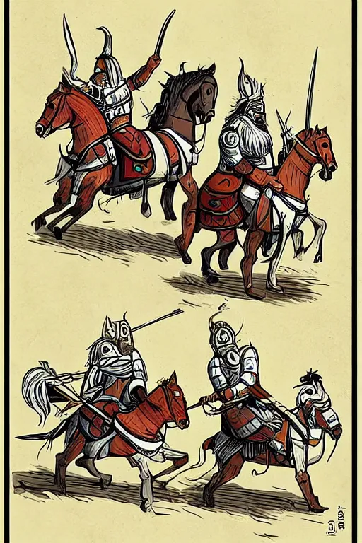 Image similar to “Poster of Viking horsemen in a battle. There is also Mini Cooper Countryman Hybrid. Retro cartoon caricature.”