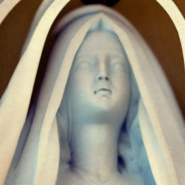 Image similar to closeup of white mother mary statue crying, pictured slightly from below, clear sky with blue clouds in background, vintage polaroid