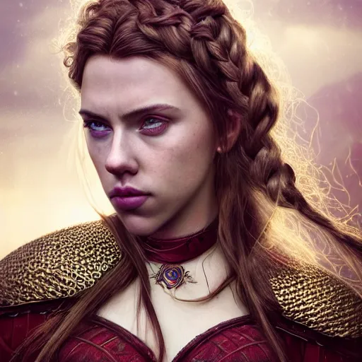 Prompt: head and shoulders portrait of a female knight, young scarlett johansson, golden etched breastplate, lord of the rings, celtic hair braid, eldritch ruby, thunderstorm, by artgerm, alphonse mucha, face detail, sharp focus, magic hour, vogue fashion photo