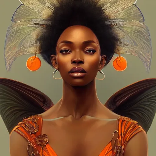 Image similar to portrait of very very very very very very beautiful african woman with angels wings, spacesuit, orange eyes, intricate, elegant, highly detailed, digital painting, artstation, concept art, smooth, sharp focus, illustration, art by artgerm and greg rutkowski and alphonse mucha