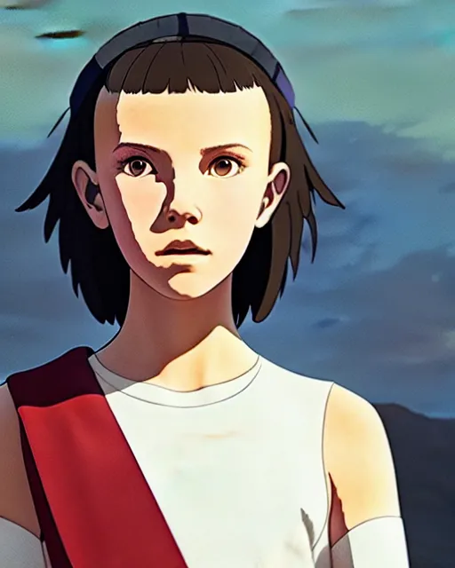 Image similar to millie bobby brown as an azctec warrior, detailed perfect face, exquisite details, fire magic, mid view, design on a white background, by studio muti, greg rutkowski makoto shinkai takashi takeuchi studio ghibli