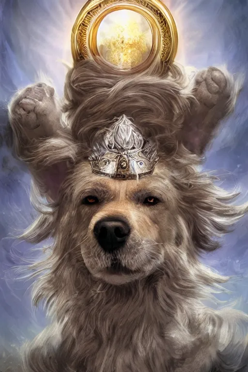 Prompt: Dog as a god with a radiant halo, detailed face, gorgeous, amazing, flowing hair, very muscular male body, partial anatomy, stormy background, caesar victorious, proud Emperor, crepuscular ray, intricate, highly detailed, 8K, digital painting, fantasy, artstation, concept art, sharp focus, over-shoulder shot, illustration, art by greg rutkowski beeple and alphonse mucha, jim burns