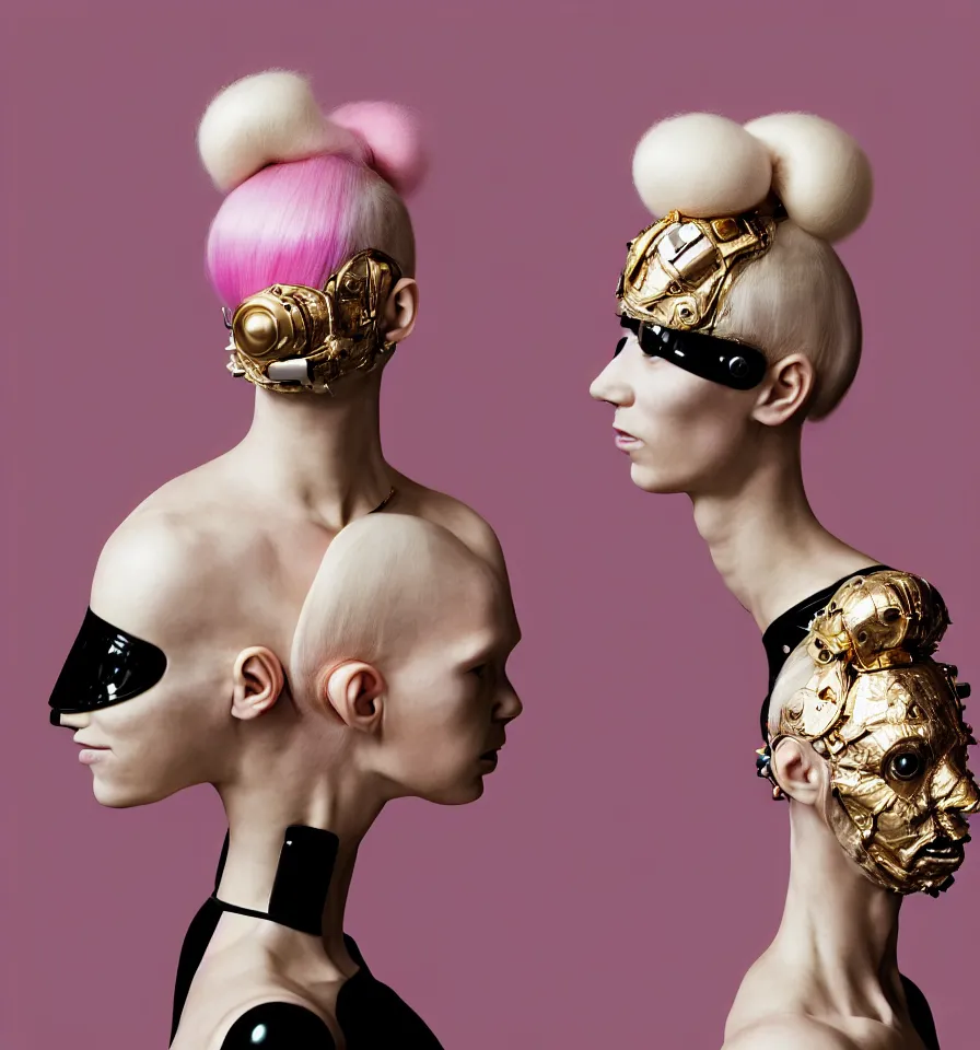 Prompt: portrait of a alien futuristic cyborg wearing a gold pipes fitted beauty mask and pink hair buns, wearing a black bodysuit by alexander mcqueen, cream white background, soft diffused light, biotechnology, humanoid robot, perfectly symmetric, bjork aesthetic, translucent, by rineke dijkstra, intricate details, highly detailed, masterpiece,