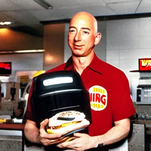 Prompt: retro photo of jeff bezos working at burger king, high quality