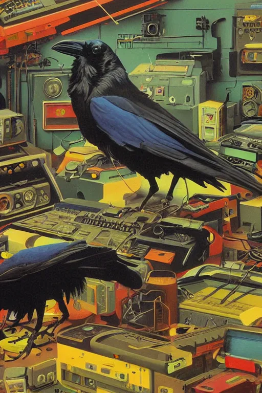 Image similar to a raven investigating 8 0 s era technology, vintage shapes, retro technology, happy color, wayne barlow, oil on canvas, deep depth of field, masterpiece, cinematic composition, hyperdetailed