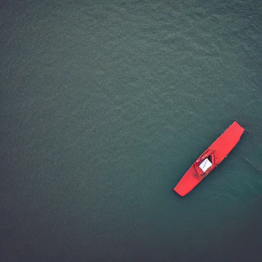 Prompt: a lonely boat floating in the turbulent red ocean, tsunami, fierce huge waves, dangerous depressing atmosphere, dark tone, disaster film, filmic, cinematic, aerial view