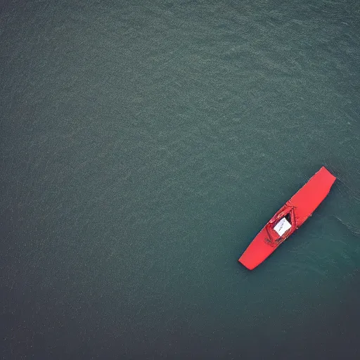 Image similar to a lonely boat floating in the turbulent red ocean, tsunami, fierce huge waves, dangerous depressing atmosphere, dark tone, disaster film, filmic, cinematic, aerial view