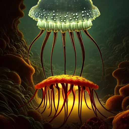 Prompt: creature jellyfish in a desert lush vegetation, warm tones, night, water reflection, bioluminescent translucent : : by michal karcz, daniel merriam, victo ngai and guillermo del toro : : ornate, dynamic, particulate, intricate, elegant, highly detailed, centered, artstation, smooth, sharp focus, octane render, 3 d