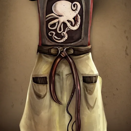 Image similar to old dirty wide ogr apron with huge knives, bottles of spices, pieces of octopus, final fantasy, highly detailed, trending on artstation