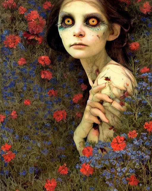 Prompt: a pretty but sinister and creepy goblin in layers of fear, with glowing eyes, violence in her eyes, 1 9 7 0 s, seventies, delicate embellishments, a little blood, woodland, blue dawn light shining on wildflowers, painterly, offset printing technique, by walter popp, alexandre cabanel