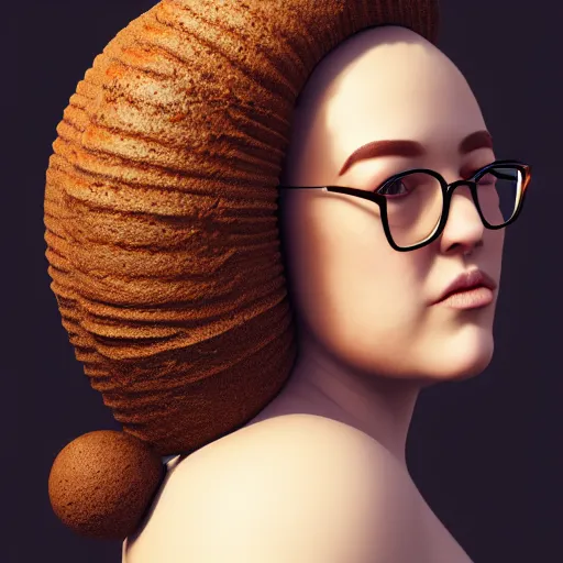 Prompt: portrait of a stocky beautiful woman with a bundt bundt pan face, brunette, glasses, wide shot, digital art, hyperrealistic, 8k, trending on artstation