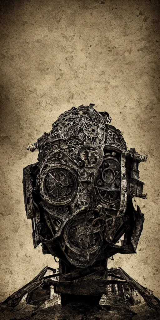 Image similar to extra wide view. an ominous dark ancient mask. barron. worn out photography. sepia. cracks. hyper - detailed. gothic steampunk. low poly medieval baroque. symmetric. epic. hyper - realistic. unreal render.
