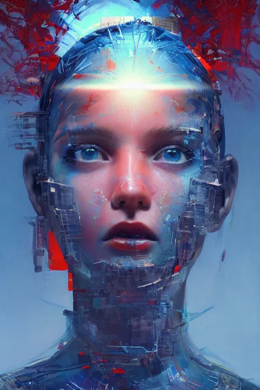 Prompt: 3 d, sci - fi, sun rays, sleepy fashion model face, cinematic, blue faces, vogue cover style, poster art, light red and deep blue mood, realistic painting, intricate oil painting, high detail, figurative art, multiple exposure, poster art, 3 d, by tooth wu and wlop and beeple and greg rutkowski