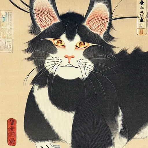 Image similar to beautiful portrait ukiyo - e painting of an ginger maine coon with white beard by kano hideyori, kano tan'yu, kaigetsudo ando, miyagawa choshun, okumura masanobu, kitagawa utamaro