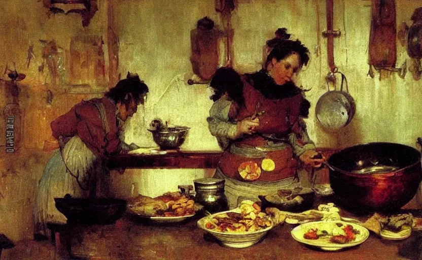 Image similar to high quality high detail painting by ilya repin, monster cooking in the kitchen, hd