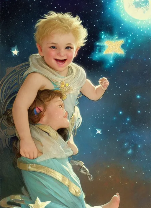 Image similar to a cute little boy with a round cherubic face, blue eyes, and tousled blonde hair smiles as he floats in space with stars all around him. She is wearing a turquoise outfit. Beautiful painting by Artgerm and Greg Rutkowski and Alphonse Mucha