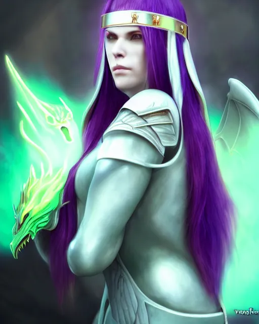 Prompt: purple - haired final fantasy white marble egyptian nun caressing her shiny rainbow dragon, warframe armor, regal, attractive, ornate, sultry, sexy, beautiful, elize theron, pretty face, green eyes, scifi platform, 4 k, ultra realistic, epic lighting, illuminated, cinematic, black gold, art by alexandra petruk, voidstar