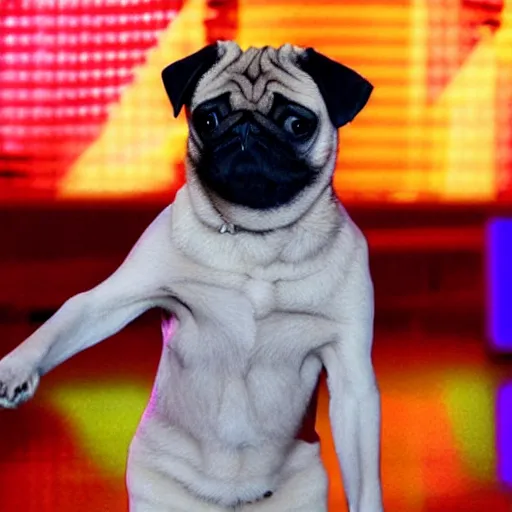 Prompt: Pug on America’s Got Talent, dancing