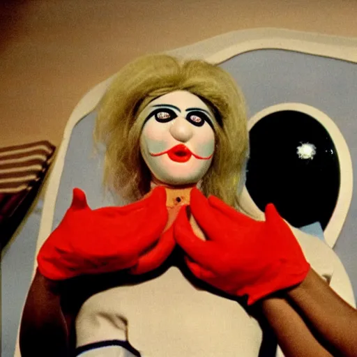 Image similar to 1970 woman on tv show with a long prosthetic nose, prosthetic eyeballs, wearing a dress on the hillside 1970 color archival footage color film 16mm holding a hand puppet Fellini Almodovar John Waters Russ Meyer Doris Wishman