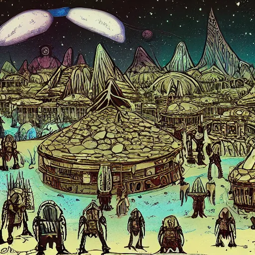 Image similar to extraterrestrial tribe village on ancient post - apocalyptic planet, jim henson creature shop, fantastic planet, illustration