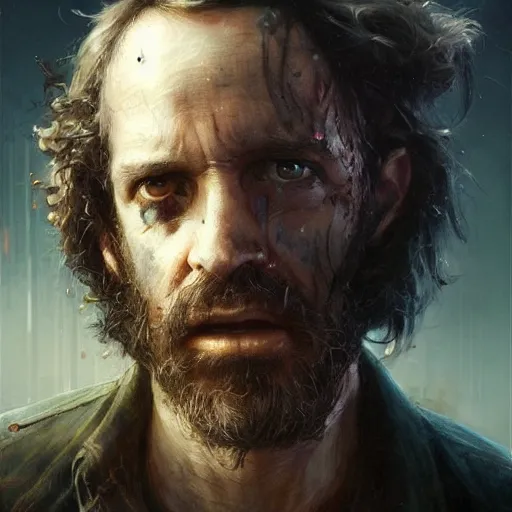 Image similar to henry dorsett case, middleaged shaggy guy, smoker, hacker, cyberpunk, painted by seb mckinnon, high detail, dramatic light, digital art, painted by greg rutkowski, promotional movie posterart, trending on artstation