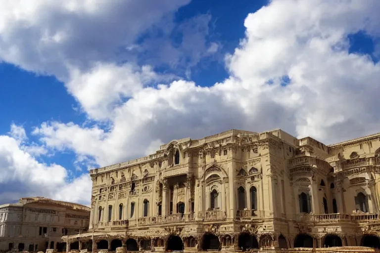 Image similar to a photo of renaissance palace, clouds in the sky