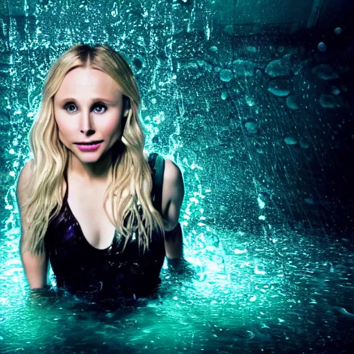 Image similar to Kristen Bell as a mermaid, grungy, unkept hair, glowing eyes, modelsociety, wet from rain, radiant skin, huge anime eyes, RTX on, bright on black, dramatic, studio lighting, perfect face, intricate, Sony a7R IV, symmetric balance, polarizing filter, Photolab, Lightroom, 4K, Dolby Vision, Photography Award