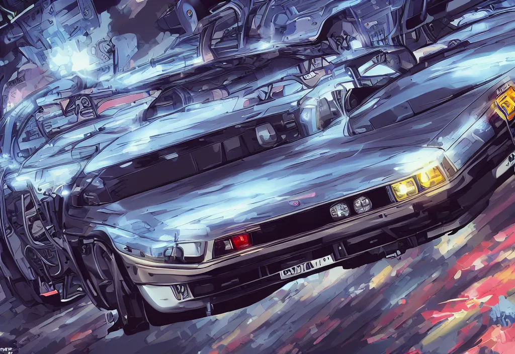 Image similar to An anime art of two delorean, digital art, 8k resolution, anime style, high detail, lowrider style, wide angle