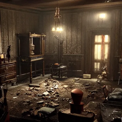 Image similar to room of a dark mansion, objects from ritual in the ground, realistic, highly detailed, background of resident evil game, guillermo del toro