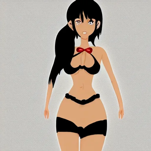 Image similar to black-haired beauty in 2D style , in a bikini , knee-length hair