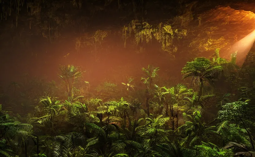 Image similar to a beautiful render of a dark prehistoric rainforest in a humongous cave, lush flora, patches of yellowish - red - magenta sky, sunset lighting, military!! industrial!! facility!!, intricate detail, hazy, humid, volumetric lighting, god rays, 8 k, photorealistic, raytracing effects, unreal engine 5