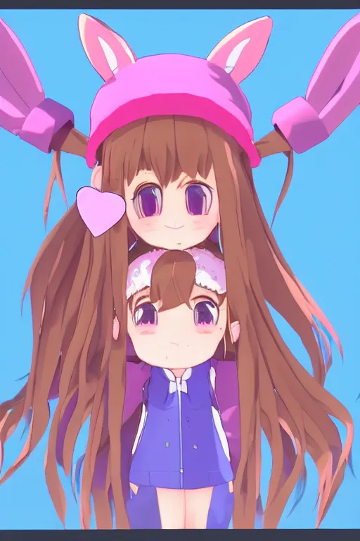 Image similar to a vrchat avatar girl with fuzzy bunny ears, whiskers like a cat, and a big pink beret, anime style, cel shaded, cute, kawaii, jewelry