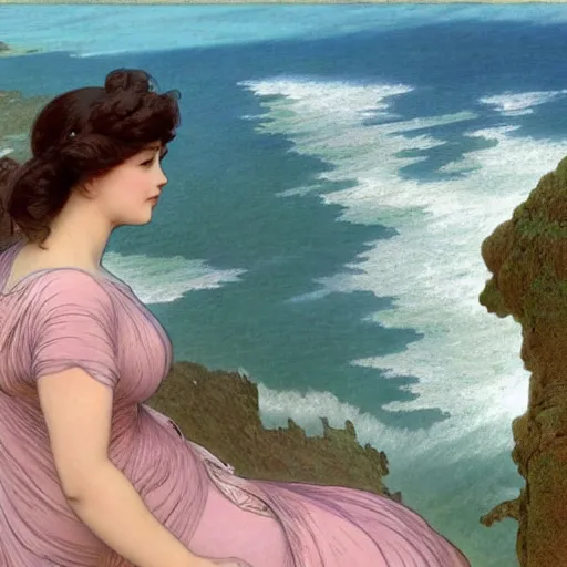 Prompt: a stunning 3 d rendered landscape of two thicc and voluptuous women in gossamer blue dresses sitting on a cliff face in the rain watching the sunrise over the ocean, turbulent ocean in the background, intricate, elegant, highly detailed, artstation, ultra sharp focus, octane render, volumetric lighting, god rays, art by jugendstil and alphonse mucha