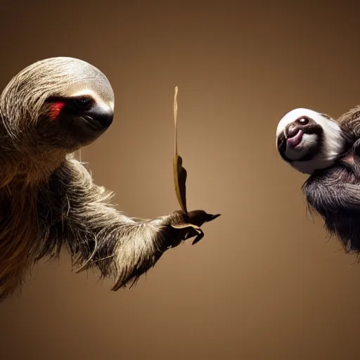 Image similar to sloth fighting a pigeon kung fu style s in a dojo, facing each other, aggressive sloth vs a muscled pigeon, best photo award, high quality 8 k, cinematic lighting, painting by kusama