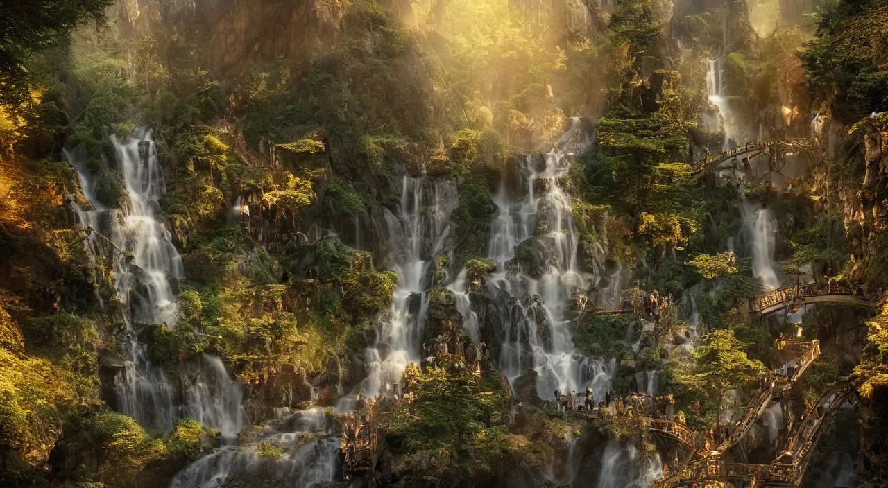 Image similar to rivendell steampunk, waterfalls from clif, dappled golden lighting, cinematic, photographic, realistic, highly detailed, matte painting