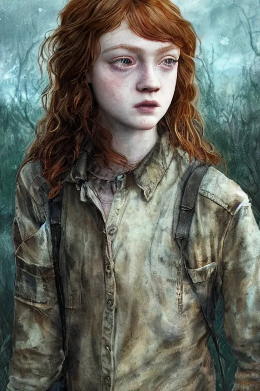 Prompt: sadie sink in the role of ellie in the last of us, dirt, fashion, fantasy, art by ayami kojima, vasnetsov, cedric peyravernay