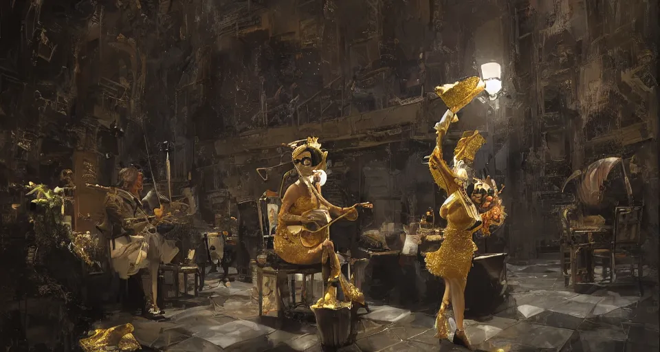 Prompt: craig mullins and ghibli digital art of on the stage of the theater, a masked female violinist performs alone, dressed in exotic costumes, gold jewelry, and black hair realistic shading, cinematic composition, realistic render, octane render, detailed textures, photorealistic, wide shot