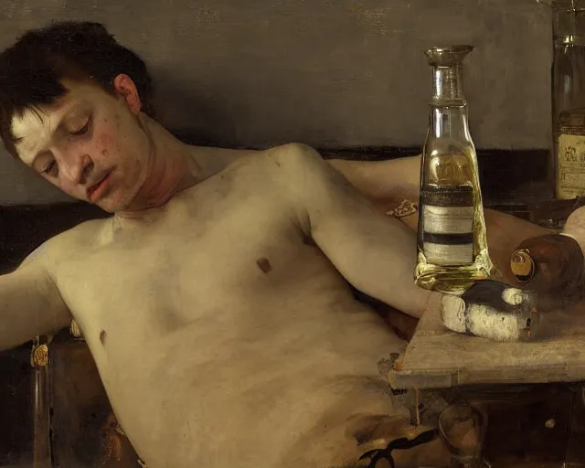 Image similar to an exhausted painter in his studio with a whiskey bottle by edgar maxence and caravaggio, intricate painting, hyper realistic, extremely detailed and beautiful aesthetic face, 8 k resolution