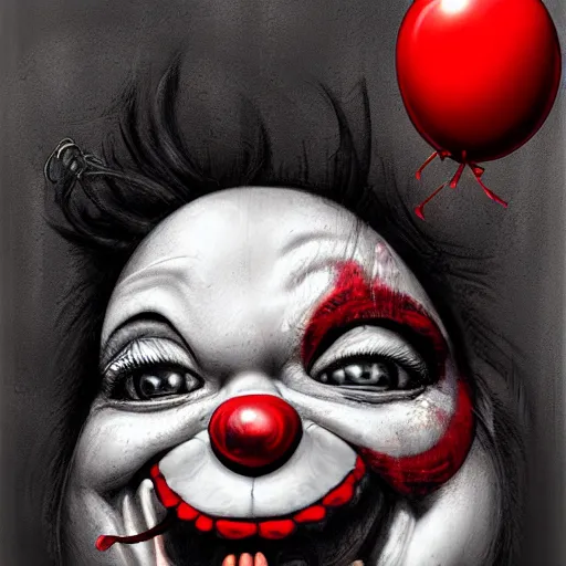 Image similar to surrealism grunge cartoon portrait sketch of clown with a wide smile and a red balloon by - michael karcz, loony toons style, chucky style, horror theme, detailed, elegant, intricate