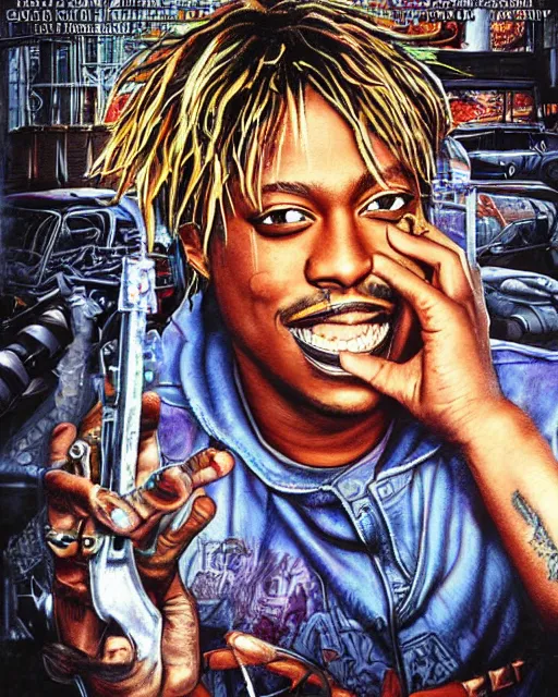 Prompt: juice wrld in dystopian twisted metal post apocalpytic, airbrush, drew struzan illustration art, key art, movie poster