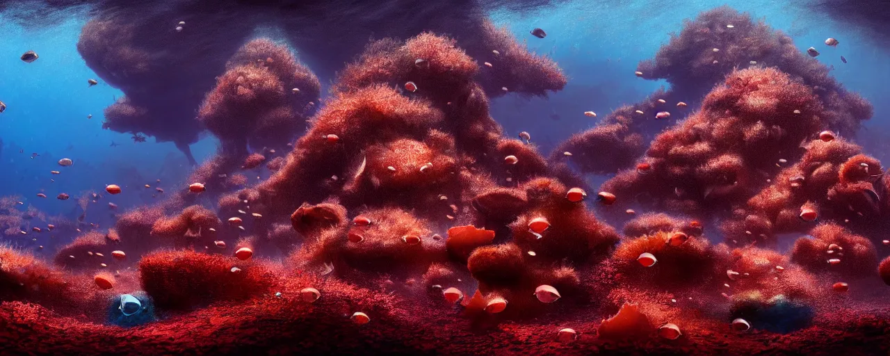 Image similar to A gorgeous detailed oil of a dark red sea covered in big blue steep rocks, a school of piranhas underwater, the further away the mistier it gets, surreal, concept art, dark aesthetic, atmospheric, moody, hyperrealism, highly detailed, masterpiece, award winning, 4k, unreal engine