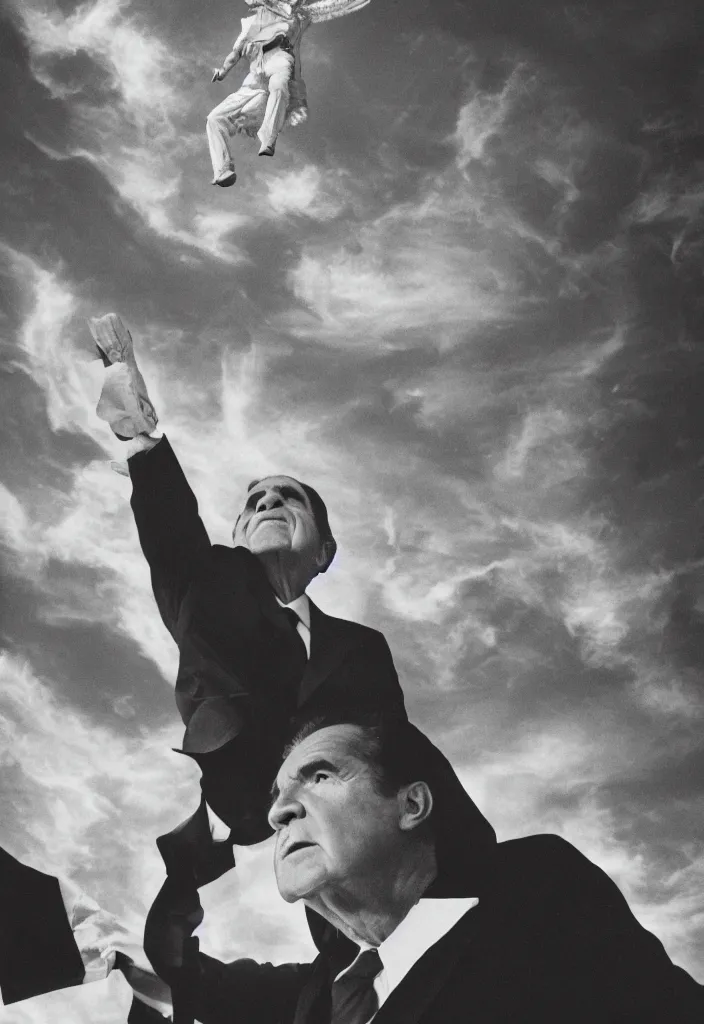 Image similar to portrait of richard nixon as god flying in the air, by charlotte grimm, natural light, detailed face, canon eos c 3 0 0, ƒ 1. 8, 3 5 mm, 8 k, medium - format print