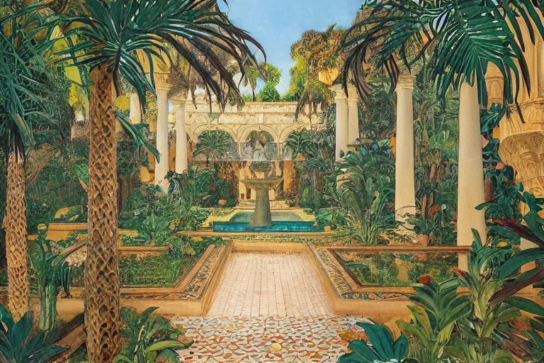 Image similar to painting of a beautiful moorish palace courtyard garden, by jan schmuckal and maxfield parrish and evelyn de morgan and waterhouse and dante rossetti, patterned tilework, palm trees, tiled fountains, sun and shade, extremely detailed, dramatic cinematic lighting, smooth sharp focus, featured on artstation