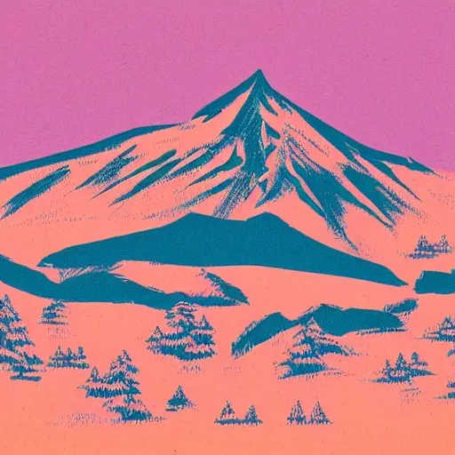 Image similar to a risograph of an beautiful mountain landscape