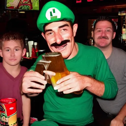 Prompt: luigi from super mario chugging a beer with the boys at the bar